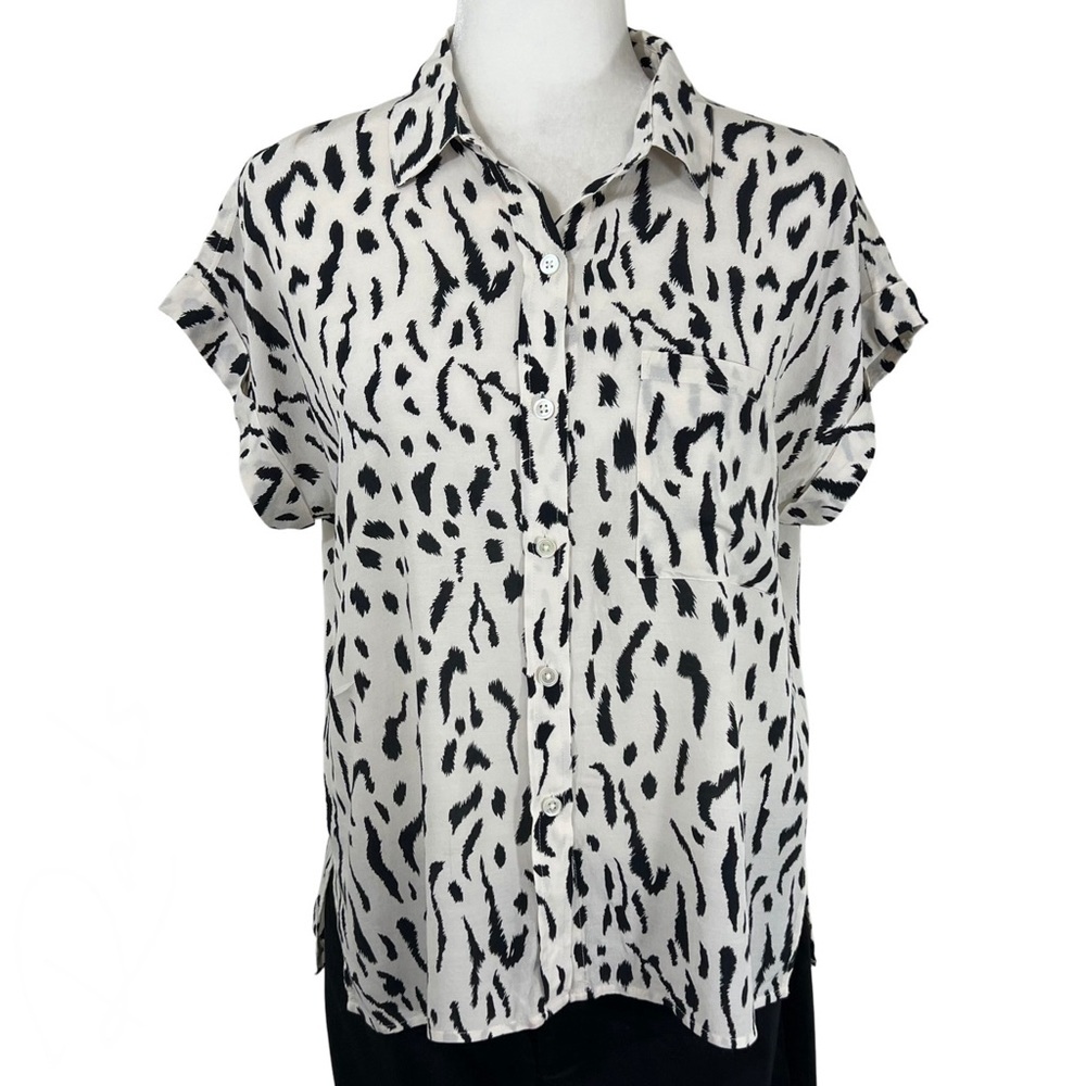 Rails Whitney Print Shirt Cheetah Blouse Short Sleeve Ivory Black M Medium